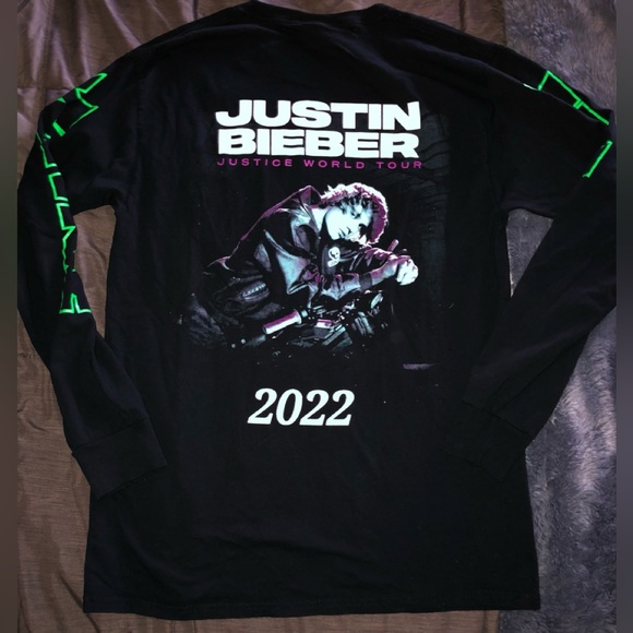 Justin Bieber JUSTICE WORLD TOUR 2022 Tshirt Mens Sz M Long-Sleeves Neon NEW - Picture 1 of 6